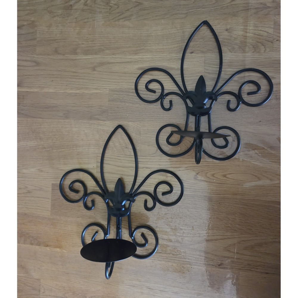 Hanging Black Metal Candle Wall Sconces Fleur-de-Lis Motif  Set of 2